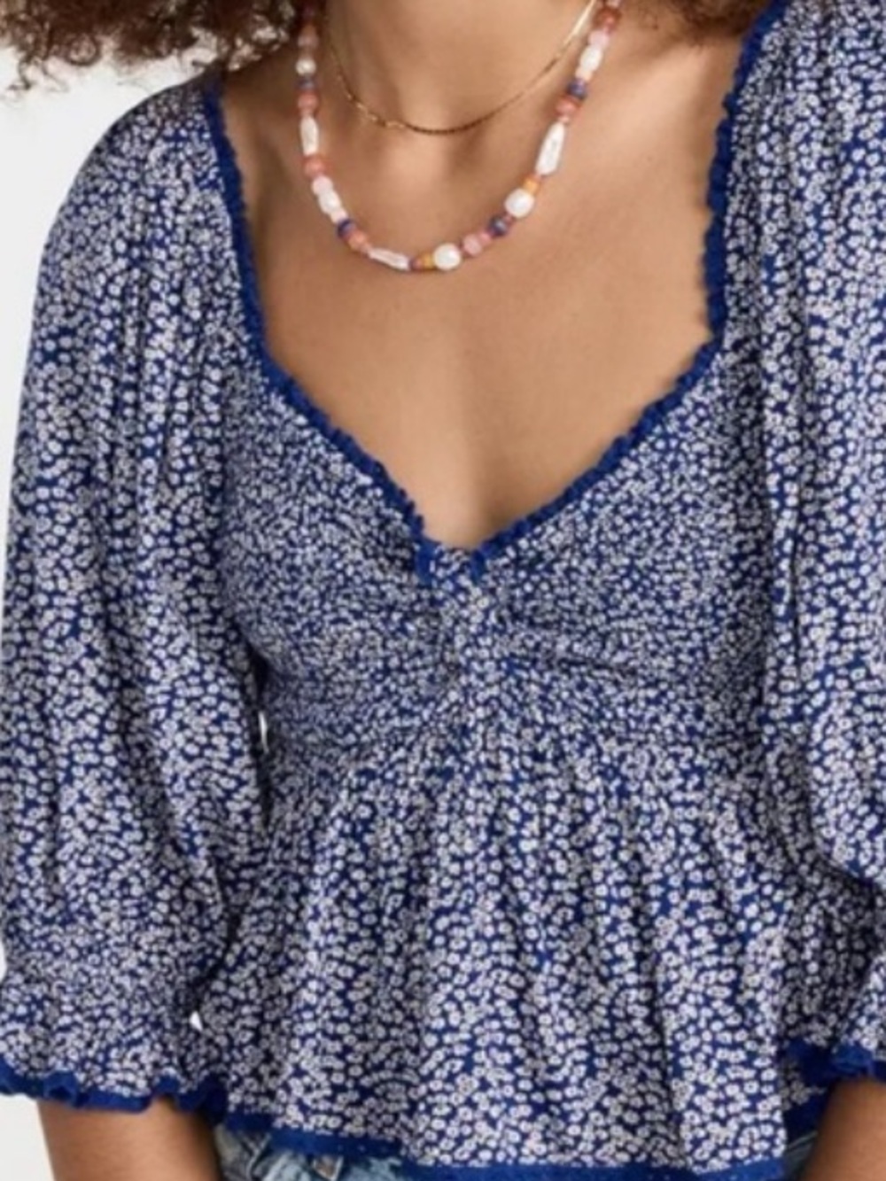 Free People Brittnee Top Blue Floral Peasant Blouse